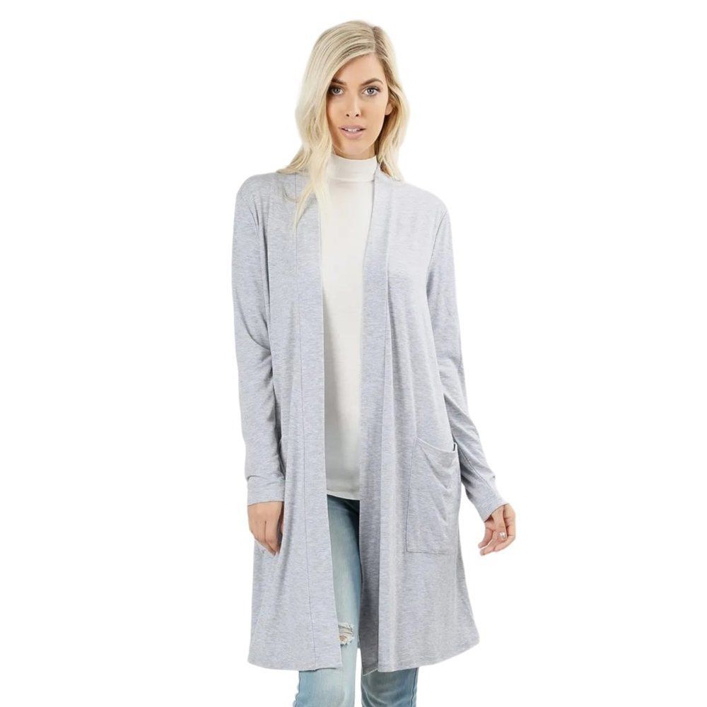 Soft Gray Open Front Pockets Longline Lightweight Jersey Cardigan NEW